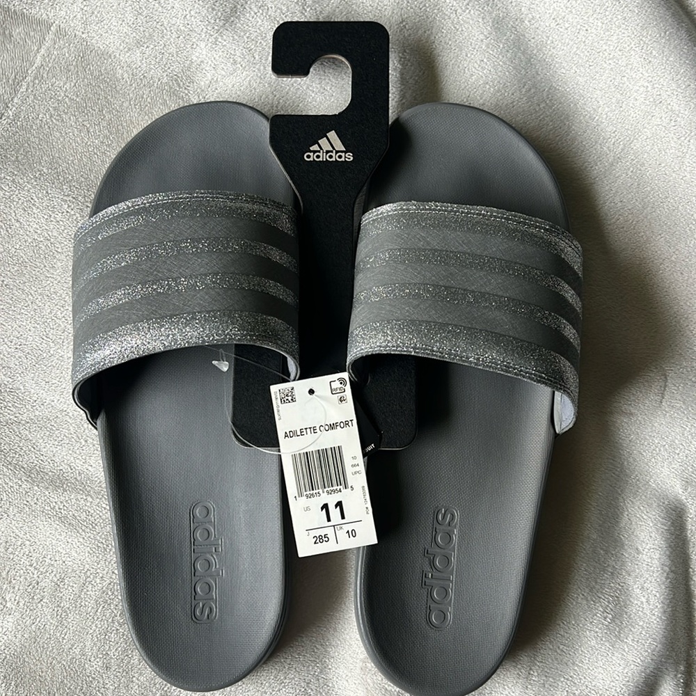 NEW Silver Adidas Adilette Comfort slides